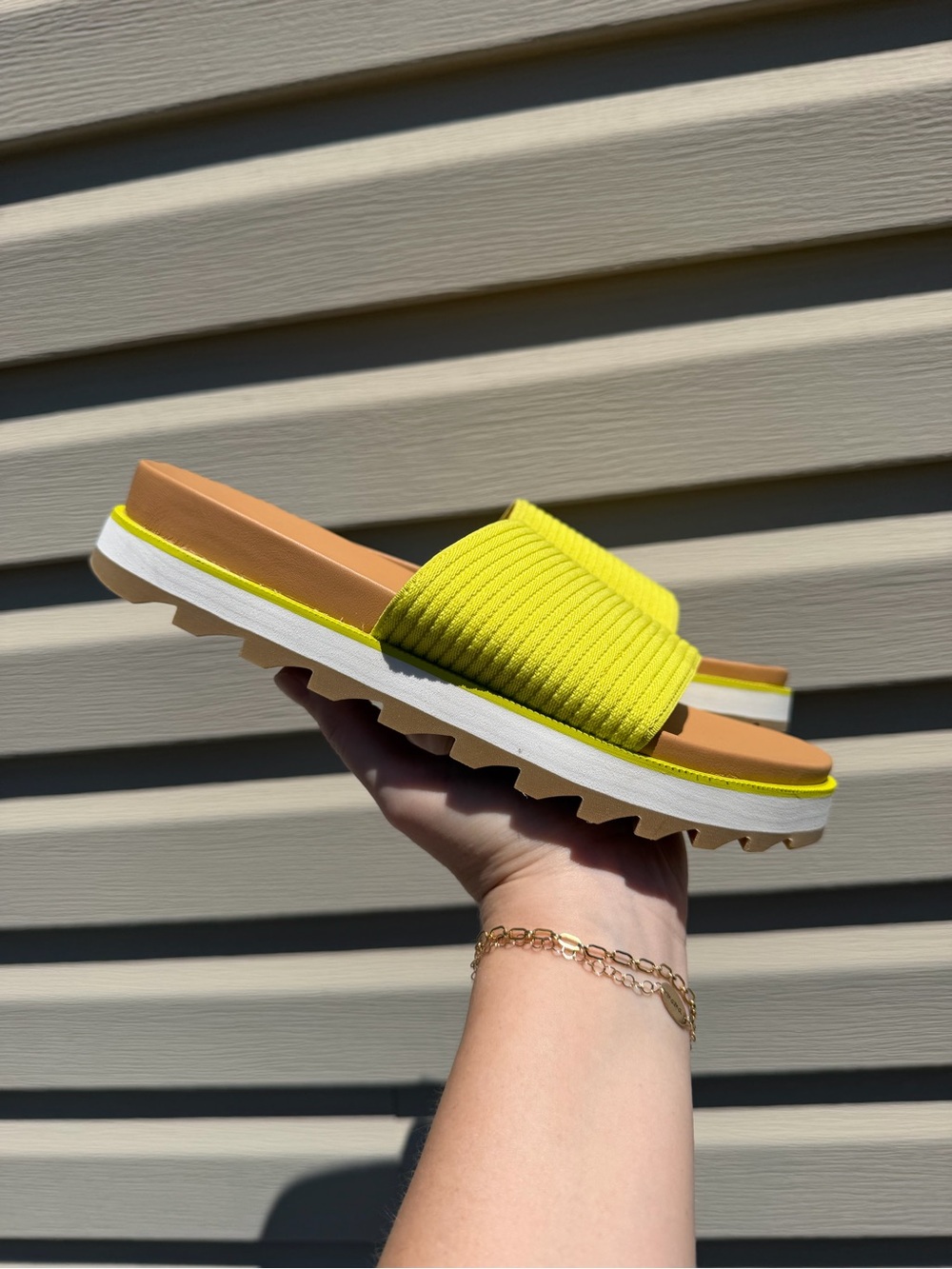 Sorel Neon Yellow Ribbed Slide Sandals